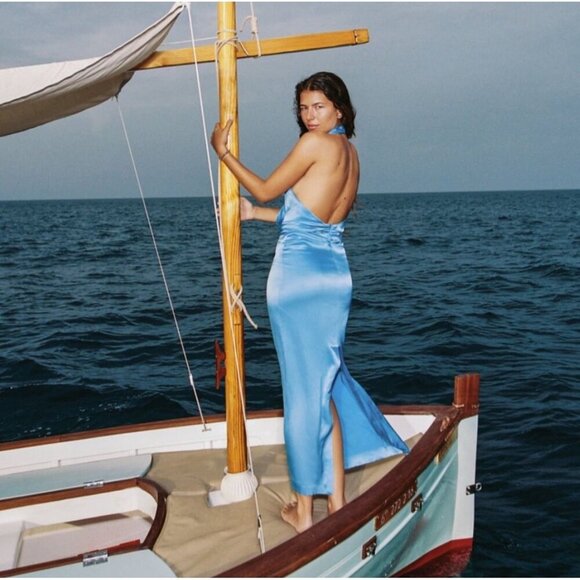 Zara Women Satin Halter Backless Long Dress Sky Blue Size XL - Picture 9 of 10